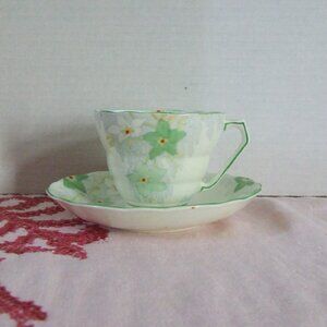 Radfords Fenton teacup and saucer antique vintage bone china green grey floral